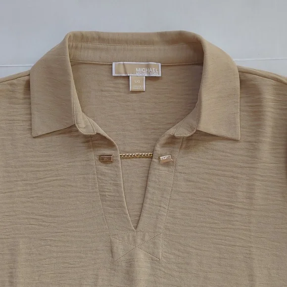 Michael Michael Kors Chain Accent Collared V-Neck Long Sleeve Blouse LARGE Tan - Picture 11 of 16